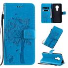 For Nokia 7.2 Tree & Cat Pattern Pressed Printing Horizontal Flip PU Leather Case with Holder & Card Slots & Wallet & Lanyard(Blue) - 1