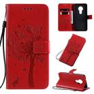 For Nokia 7.2 Tree & Cat Pattern Pressed Printing Horizontal Flip PU Leather Case with Holder & Card Slots & Wallet & Lanyard(Red) - 1