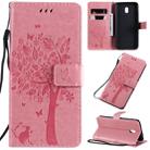 For Xiaomi Redmi 8A Tree & Cat Pattern Pressed Printing Horizontal Flip PU Leather Case with Holder & Card Slots & Wallet & Lanyard(Pink) - 1