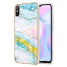 For Xiaomi Redmi 9A Electroplating Marble Pattern Dual-side IMD TPU Shockproof Case(Green 004) - 1