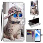 For OPPO A54 4G / A16 4G / A53s 5G / A55 5G Coloured Drawing Cross Texture Horizontal Flip PU Leather Case with Holder & Card Slots & Wallet & Lanyard(Slant Hat Blue Mirror Cat) - 1