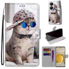 For Huawei P50 Pro Coloured Drawing Cross Texture Horizontal Flip PU Leather Case with Holder & Card Slots & Wallet & Lanyard(Slant Hat Blue Mirror Cat) - 1