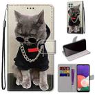 For Samsung Galaxy A22 5G Coloured Drawing Cross Texture Horizontal Flip PU Leather Case with Holder & Card Slots & Wallet & Lanyard(Golden Chain Grey Cat) - 1