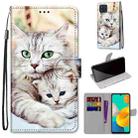 For Samsung Galaxy M32 4G / F22 Coloured Drawing Cross Texture Horizontal Flip PU Leather Case with Holder & Card Slots & Wallet & Lanyard(Big Cat Holding Kitten) - 1