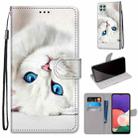 For Samsung Galaxy A22 5G Coloured Drawing Cross Texture Horizontal Flip PU Leather Case with Holder & Card Slots & Wallet & Lanyard(White Kitten) - 1