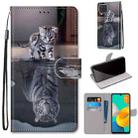 For Samsung Galaxy M32 Coloured Drawing Cross Texture Horizontal Flip PU Leather Case with Holder & Card Slots & Wallet & Lanyard(Cat Becomes Tiger) - 1