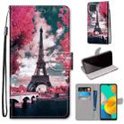 For Samsung Galaxy M32 Coloured Drawing Cross Texture Horizontal Flip PU Leather Case with Holder & Card Slots & Wallet & Lanyard(Pink Flower Tower Bridge) - 1