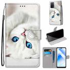 For OPPO A55 5G / A54 4G / A53s 5G / A16 4G Coloured Drawing Cross Texture Horizontal Flip PU Leather Case with Holder & Card Slots & Wallet & Lanyard(White Kitten) - 1