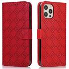 For iPhone 13 Pro Embossed Big Small Concentric Squares Pattern Horizontal Flip Leather Case with Card Slot & Holder & Wallet (Red) - 1