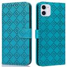 For iPhone 11 Embossed Big Small Concentric Squares Pattern Horizontal Flip Leather Case with Card Slot & Holder & Wallet (Blue) - 1