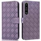 For Sony Xperia 1 III Embossed Big Small Concentric Squares Pattern Horizontal Flip Leather Case with Card Slot & Holder & Wallet(Purple) - 1