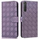 For Sony Xperia 5 II Embossed Big Small Concentric Squares Pattern Horizontal Flip Leather Case with Card Slot & Holder & Wallet(Purple) - 1