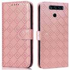 For LG K50 / Q60 Embossed Big Small Concentric Squares Pattern Horizontal Flip Leather Case with Card Slot & Holder & Wallet(Pink) - 1