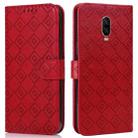 For OnePlus 6T Embossed Big Small Concentric Squares Pattern Horizontal Flip Leather Case with Card Slot & Holder & Wallet(Red) - 1