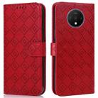 For OnePlus 7T Embossed Big Small Concentric Squares Pattern Horizontal Flip Leather Case with Card Slot & Holder & Wallet(Red) - 1