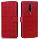 For OnePlus 7T Pro /  7 Pro Embossed Big Small Concentric Squares Pattern Horizontal Flip Leather Case with Card Slot & Holder & Wallet(Red) - 1