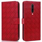 For OnePlus 8 Embossed Big Small Concentric Squares Pattern Horizontal Flip Leather Case with Card Slot & Holder & Wallet(Red) - 1