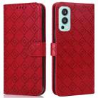 For OnePlus Nord 2 5G Embossed Big Small Concentric Squares Pattern Horizontal Flip Leather Case with Card Slot & Holder & Wallet(Red) - 1