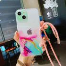 For iPhone 13 mini Hollow Marble Pattern TPU Precise Hole Protective Case with Neck Strap Rope (Green) - 1
