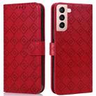 For Samsung Galaxy S21 5G Embossed Big Small Concentric Squares Pattern Horizontal Flip Leather Case with Card Slot & Holder & Wallet(Red) - 1