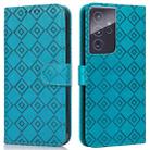 For Samsung Galaxy S21 Ultra 5G Embossed Big Small Concentric Squares Pattern Horizontal Flip Leather Case with Card Slot & Holder & Wallet(Blue) - 1