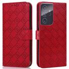 For Samsung Galaxy S21 Ultra 5G Embossed Big Small Concentric Squares Pattern Horizontal Flip Leather Case with Card Slot & Holder & Wallet(Red) - 1