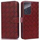 For Samsung Galaxy S21 Ultra 5G Embossed Big Small Concentric Squares Pattern Horizontal Flip Leather Case with Card Slot & Holder & Wallet(Brown) - 1