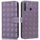 For Samsung Galaxy A21 Embossed Big Small Concentric Squares Pattern Horizontal Flip Leather Case with Card Slot & Holder & Wallet(Purple) - 1