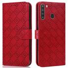 For Samsung Galaxy A21 Embossed Big Small Concentric Squares Pattern Horizontal Flip Leather Case with Card Slot & Holder & Wallet(Red) - 1