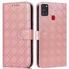 For Samsung Galaxy A21s Embossed Big Small Concentric Squares Pattern Horizontal Flip Leather Case with Card Slot & Holder & Wallet(Pink) - 1