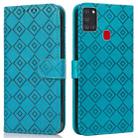 For Samsung Galaxy A21s Embossed Big Small Concentric Squares Pattern Horizontal Flip Leather Case with Card Slot & Holder & Wallet(Blue) - 1