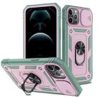 For iPhone 12 / 12 Pro Sliding Camera Cover Design TPU + PC Protective Case with 360 Degree Rotating Holder & Card Slot(Grey Green+Pink) - 1