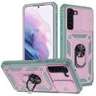 For Samsung Galaxy S21 5G Sliding Camera Cover Design TPU + PC Protective Case with 360 Degree Rotating Holder & Card Slot(Grey Green+Pink) - 1