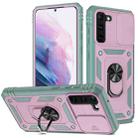 For Samsung Galaxy S21+ 5G Sliding Camera Cover Design TPU + PC Protective Case with 360 Degree Rotating Holder & Card Slot(Grey Green+Pink) - 1