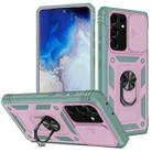 For Samsung Galaxy S21 Ultra 5G Sliding Camera Cover Design TPU + PC Protective Case with 360 Degree Rotating Holder & Card Slot(Grey Green+Pink) - 1