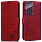 For Samsung Galaxy S21 Ultra 5G Embossed Cat Butterflies Pattern Horizontal Flip Leather Case with Card Slot & Holder & Wallet(Red) - 1