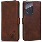 For Samsung Galaxy S21 Ultra 5G Embossed Cat Butterflies Pattern Horizontal Flip Leather Case with Card Slot & Holder & Wallet(Brown) - 1
