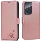 For Samsung Galaxy S21 Ultra 5G Embossed Cat Butterflies Pattern Horizontal Flip Leather Case with Card Slot & Holder & Wallet(Pink) - 1