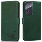 For Samsung Galaxy S21 Ultra 5G Embossed Cat Butterflies Pattern Horizontal Flip Leather Case with Card Slot & Holder & Wallet(Green) - 1