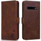 For Samsung Galaxy S10 Embossed Cat Butterflies Pattern Horizontal Flip Leather Case with Card Slot & Holder & Wallet(Brown) - 1
