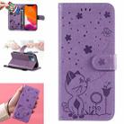For iPhone 13 mini Cat Bee Embossing Pattern Shockproof Horizontal Flip Leather Case with Holder & Card Slots & Wallet (Purple) - 1