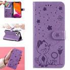 For iPhone 13 Pro Max Cat Bee Embossing Pattern Shockproof Horizontal Flip Leather Case with Holder & Card Slots & Wallet (Purple) - 1