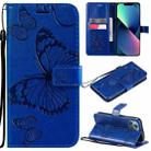 For iPhone 13 mini 3D Butterfly Embossed Pattern Horizontal Flip Leather Case with Holder & Card Slot & Wallet & Lanyard (Blue) - 1