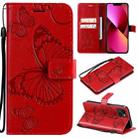 For iPhone 13 3D Butterfly Embossed Pattern Horizontal Flip Leather Case with Holder & Card Slot & Wallet & Lanyard(Red) - 1