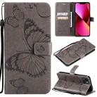 For iPhone 13 3D Butterfly Embossed Pattern Horizontal Flip Leather Case with Holder & Card Slot & Wallet & Lanyard(Grey) - 1