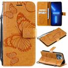 For iPhone 13 Pro 3D Butterfly Embossed Pattern Horizontal Flip Leather Case with Holder & Card Slot & Wallet & Lanyard (Yellow) - 1