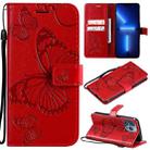 For iPhone 13 Pro 3D Butterfly Embossed Pattern Horizontal Flip Leather Case with Holder & Card Slot & Wallet & Lanyard (Red) - 1