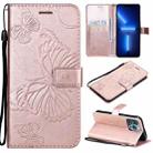 For iPhone 13 Pro 3D Butterfly Embossed Pattern Horizontal Flip Leather Case with Holder & Card Slot & Wallet & Lanyard (Rose Gold) - 1