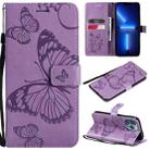 For iPhone 13 Pro Max 3D Butterfly Embossed Pattern Horizontal Flip Leather Case with Holder & Card Slot & Wallet & Lanyard (Purple) - 1