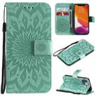 For iPhone 13 mini Pressed Printing Sunflower Pattern Horizontal Flip PU Leather Case Holder & Card Slots & Wallet & Lanyard (Green) - 1